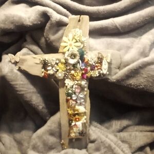 Cross 12x16 made from vintage and modern jewelry, butterflies and flowers #21